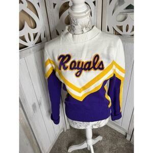 Vintage Cheerleader Sweater Womens Small Yellow Purple ‘Royals’ 70s 60s